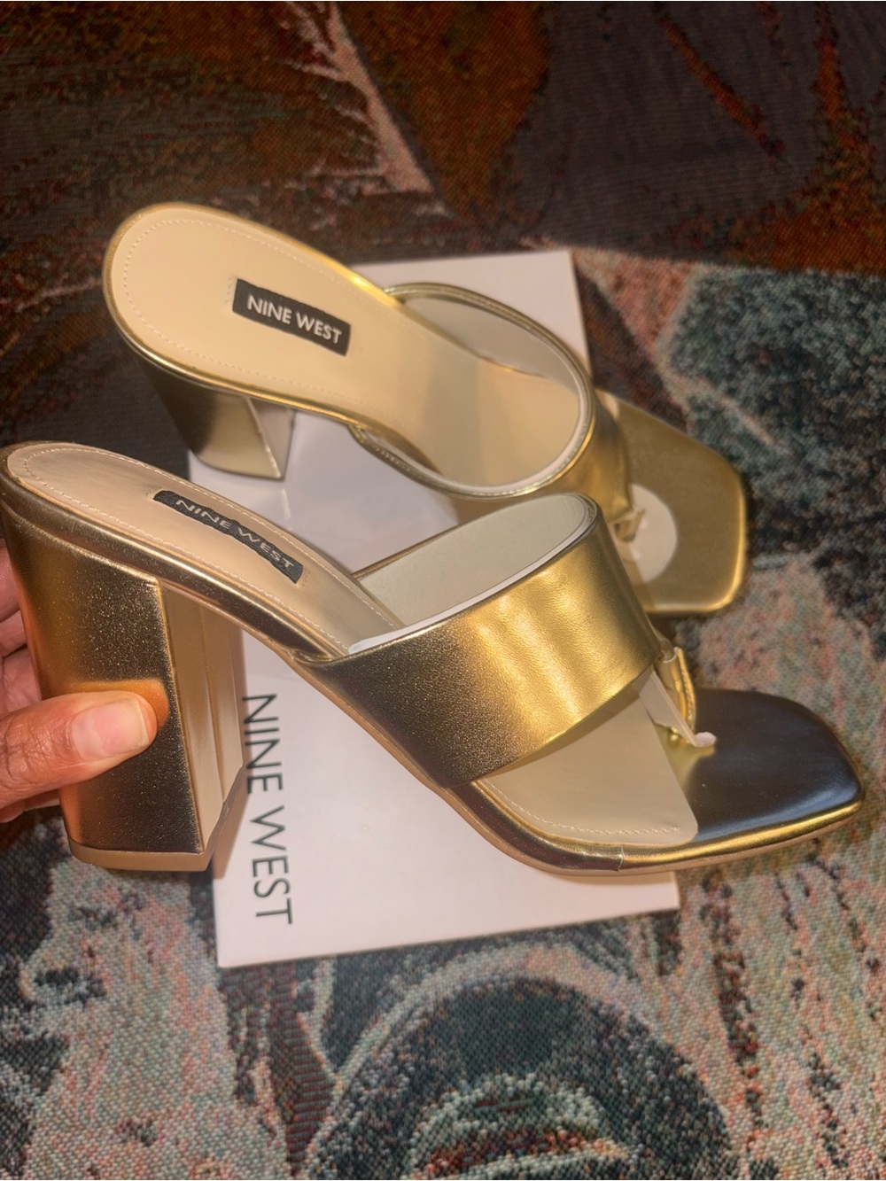 Nine West Gold Metallic Block Heel Slide Sandals